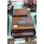 A Victorian rosewood box containing chess pieces, mahogany workbox and contents,