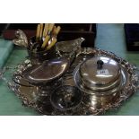 Silver plated items including a large twin handled tray with engraved decoration, muffin dish,