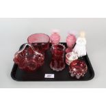 Various items of cranberry glass and china