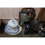 A Victorian mahogany swing toilet mirror, grocers scales and weights,