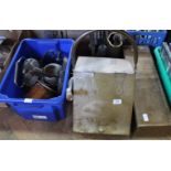 A brass box containing sewing accessories, brass coal box, fire irons,