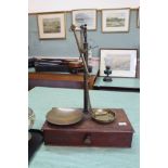 19th Century mahogany beam scales by Day & Co plus cup and other weights