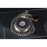 A silver half hunter pocket watch and chain with stone swivel fob