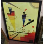 An oil on canvas of a galleon in full sail plus a Cubist style print