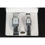 A boxed gents and lady's watch set both in stainless steel dial,