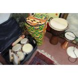 Various drums to include two African Djembe,