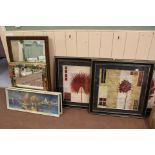 Oak and decorative mirrors plus various prints and two sewing machines