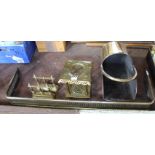 Four brass items viz: pierced fender 42" wide, coal scuttle,