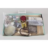 Miscellaneous items to include a magnifying glass, wooden pin cushion,
