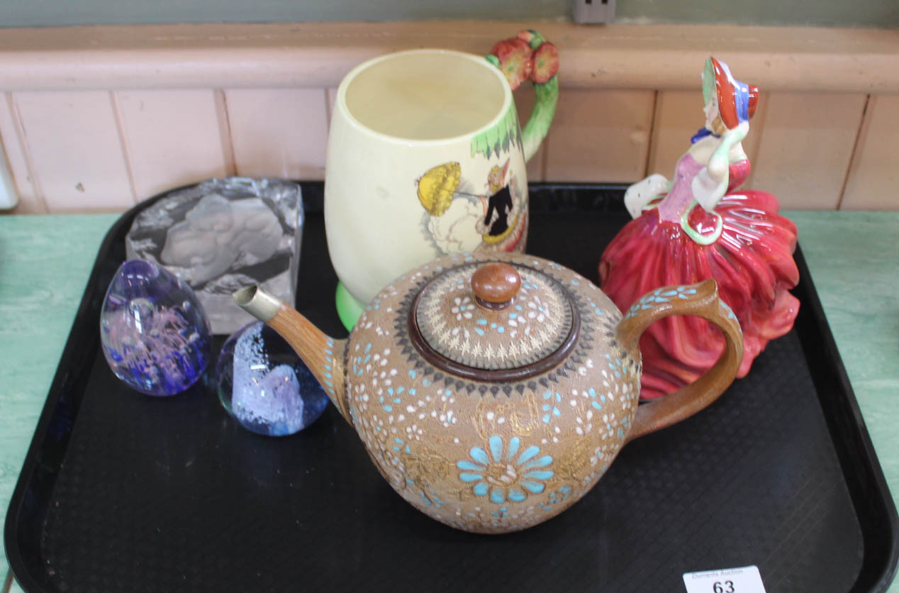 A Royal Doulton Slaters teapot, Goebel plus two other glass paperweights,