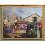 J Diaz Ferrer oil on canvas of a Spanish market scene,