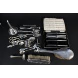 A mixed lot of silver and silver plated items including a boxed set of six silver handled butter