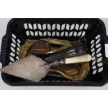 A 19th Century silver plated presentation trowel, two brass candle snuffers and tray, cased pipe,