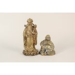 A Chinese brass figure of a dignity plus a brass seated Buddha