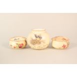 A Royal Worcester bird decorated vase plus two floral lidded pots (one as found)