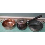 A large 19th Century bulbous copper saucepan with lid plus two 19th Century copper preserving pans