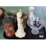 Wedgwood Jasperware vase, two pottery jugs, Crown Staffordshire floral vase, white glazed figurine,