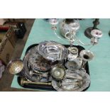 A silver plated candelabra plus other silver plate,