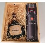 A wooden case containing Taylors late bottled vintage port plus Bas Armagnac Samalens Cognac