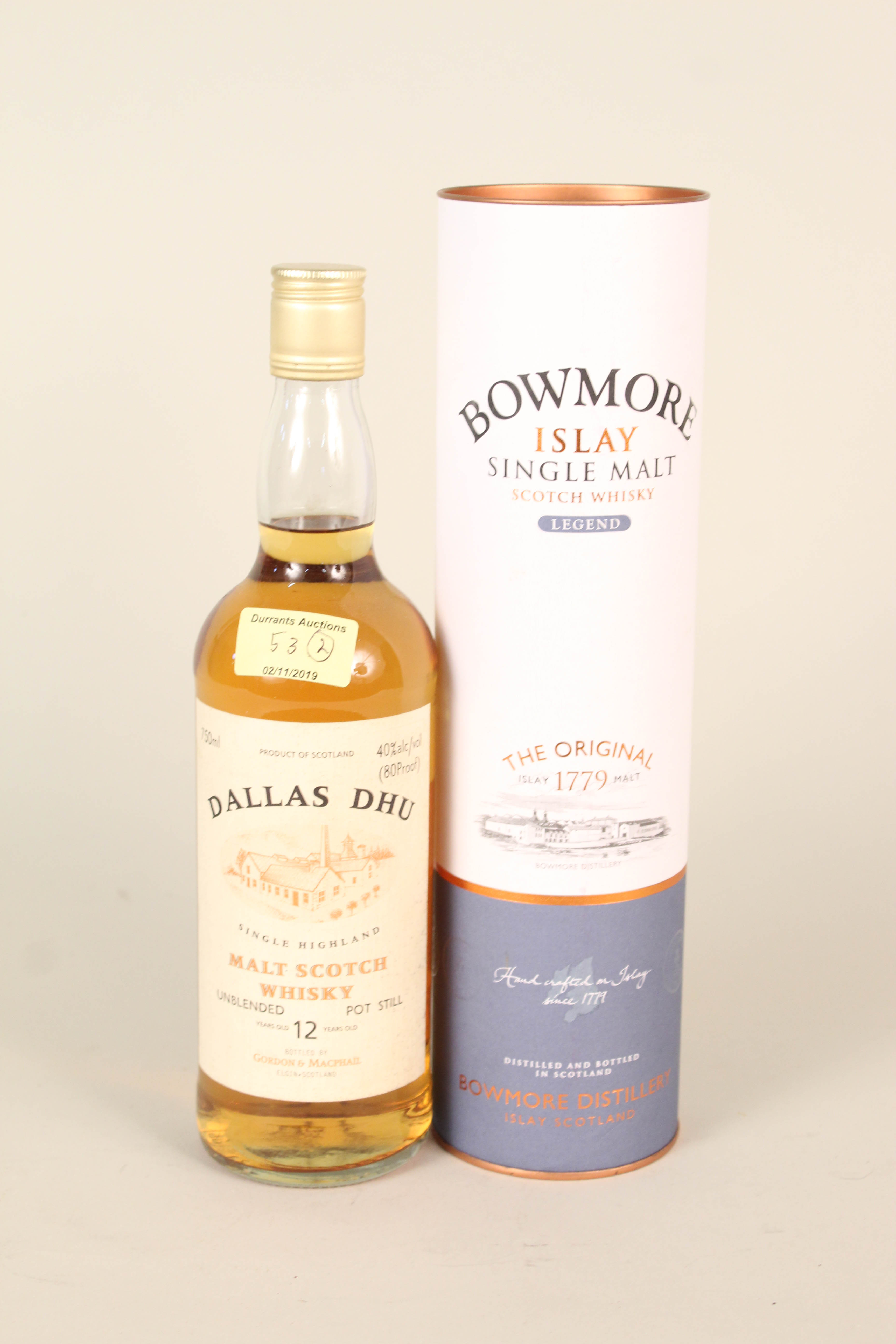 Boxed Bowmore Islay Legend Single Malt Whisky plus an unboxed Dallas DHU 12 year Single Malt Whisky