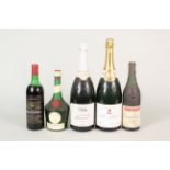 Five bottles, Moscato Spumante sparkling wine, Pol Albert Champagne, Benedictions brandy,