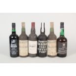 Six bottles, Royal Oporto port 1987, Porto vintage port 1975, Blandys Madeira (2),