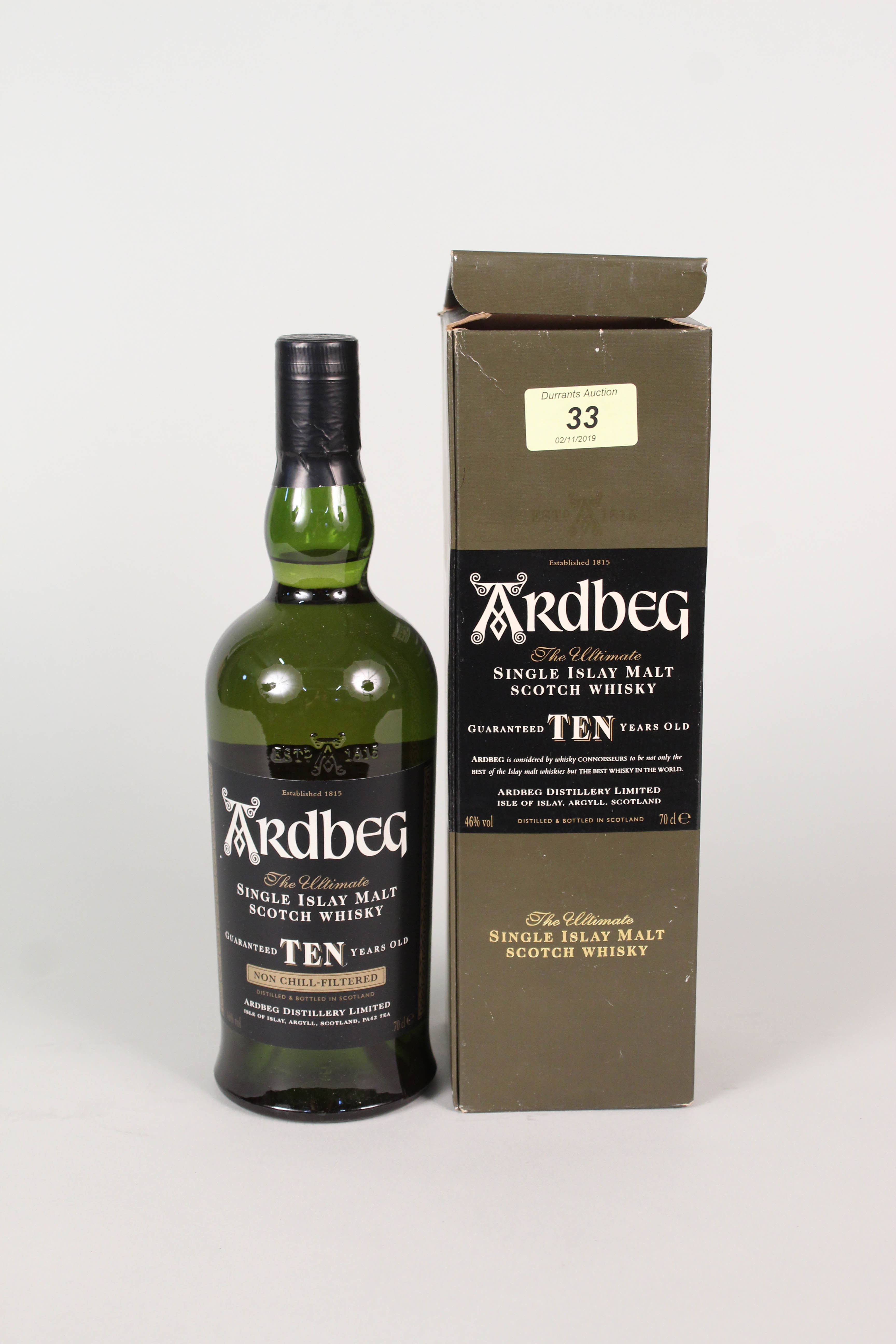 A boxed bottle of Ardbeg 10 year old Single Islay Malt Whisky