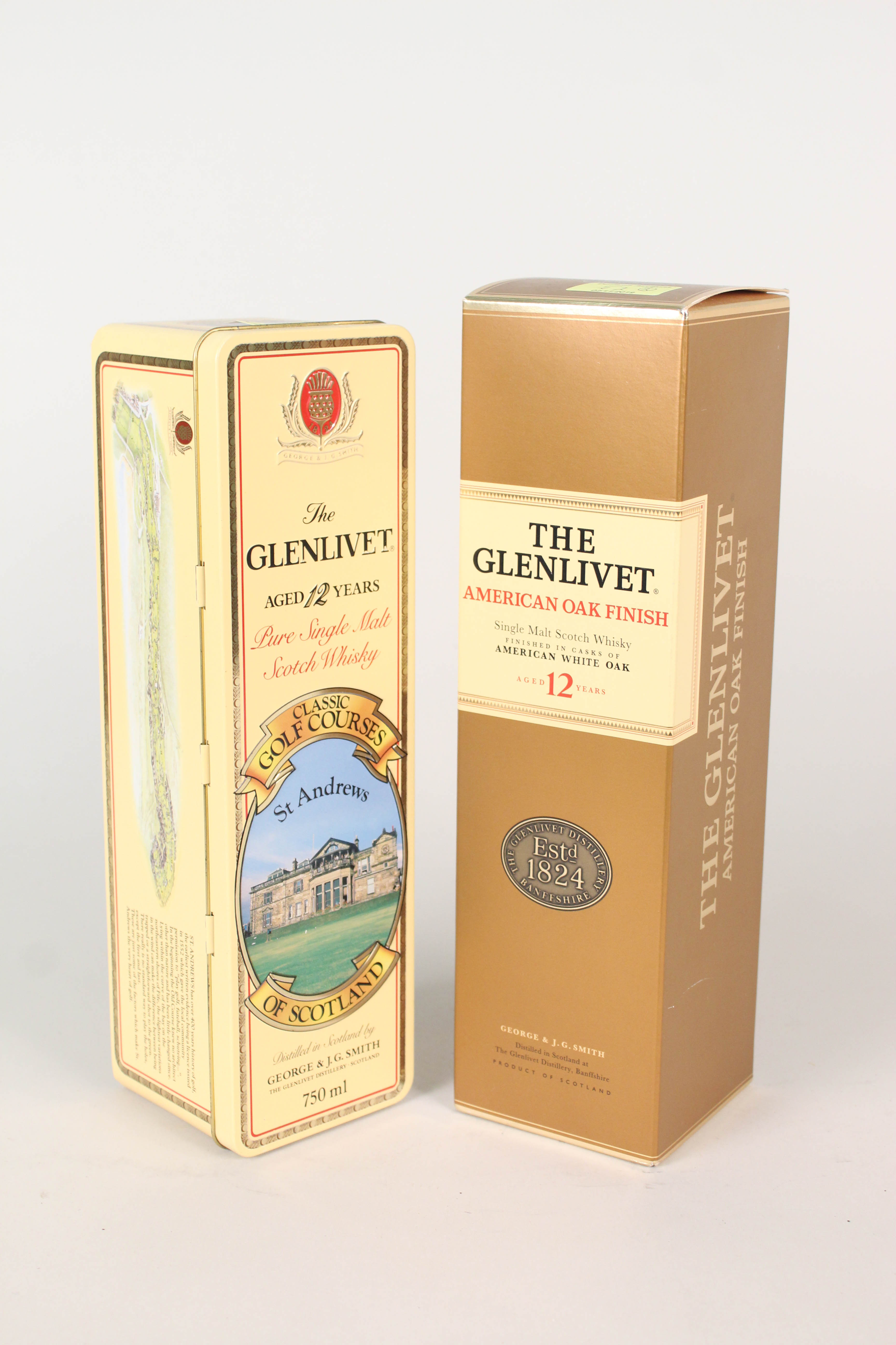 Boxed Glenlivet 12 year and American Oak Finish 12 year Single Malt Whiskies