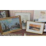 H Woods watercolour of a steamship plus two other paintings