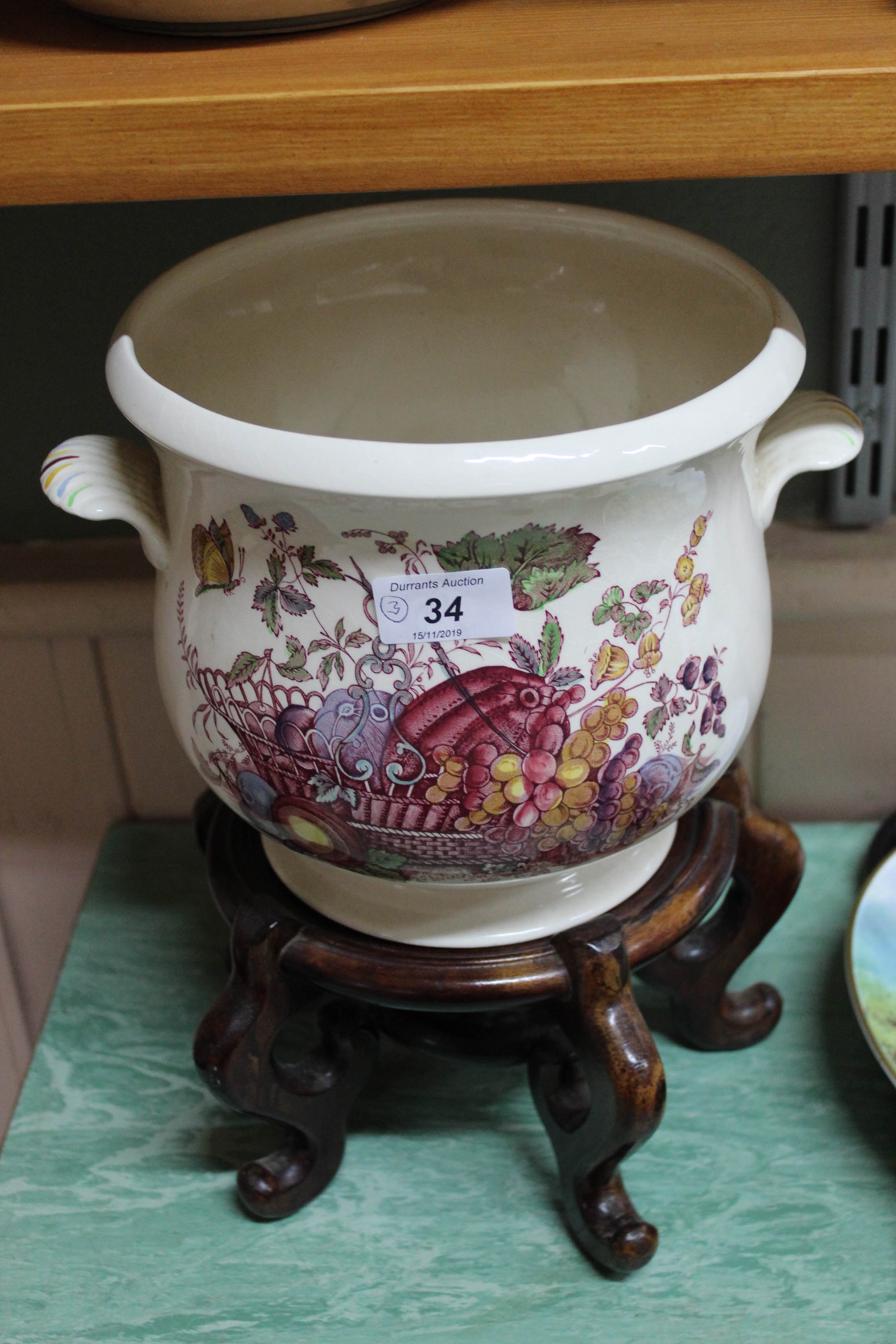 A Masons 'fruit basket' jardiniere on carved wood stand plus Satsuma chrysanthemum vase and floral