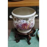 A Masons 'fruit basket' jardiniere on carved wood stand plus Satsuma chrysanthemum vase and floral