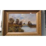 Walter Lewis oil on canvas of a river scene with cottage,
