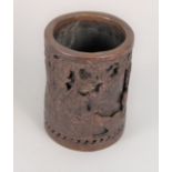 A Chinese bronze brush pot with figure and landscape decoration,