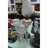 A brass column oil lamp plus a cut glass table lustre