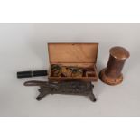Cased brass snuff scales, Victorian iron cork press, copper money box,