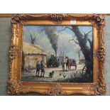 Joe Crowfoot oil on canvas of a Suffolk village scene with hay cart and traction engine,