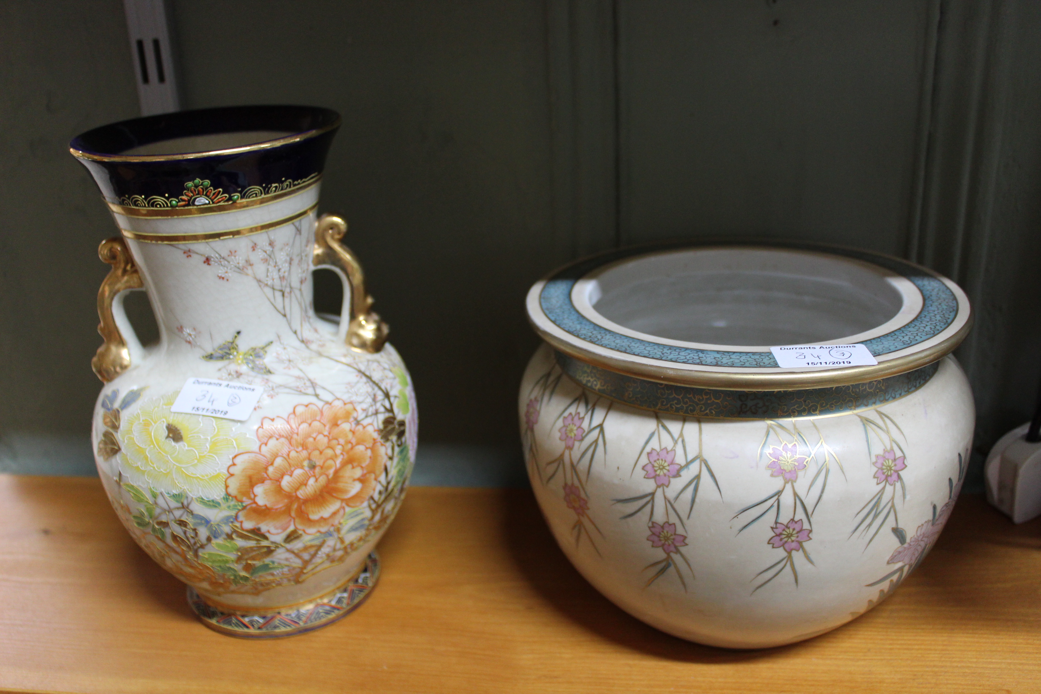 A Masons 'fruit basket' jardiniere on carved wood stand plus Satsuma chrysanthemum vase and floral - Image 2 of 2