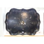 A large Victorian rectangular papier mache tray having mother of pearl and painted floral