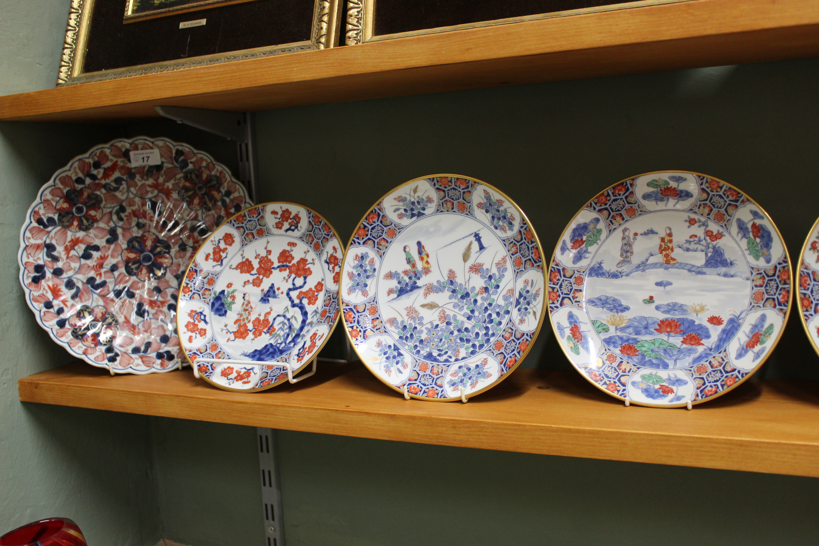 A 19th Century Imari petal edge dish plus six Japanese floral and figure decorated plates