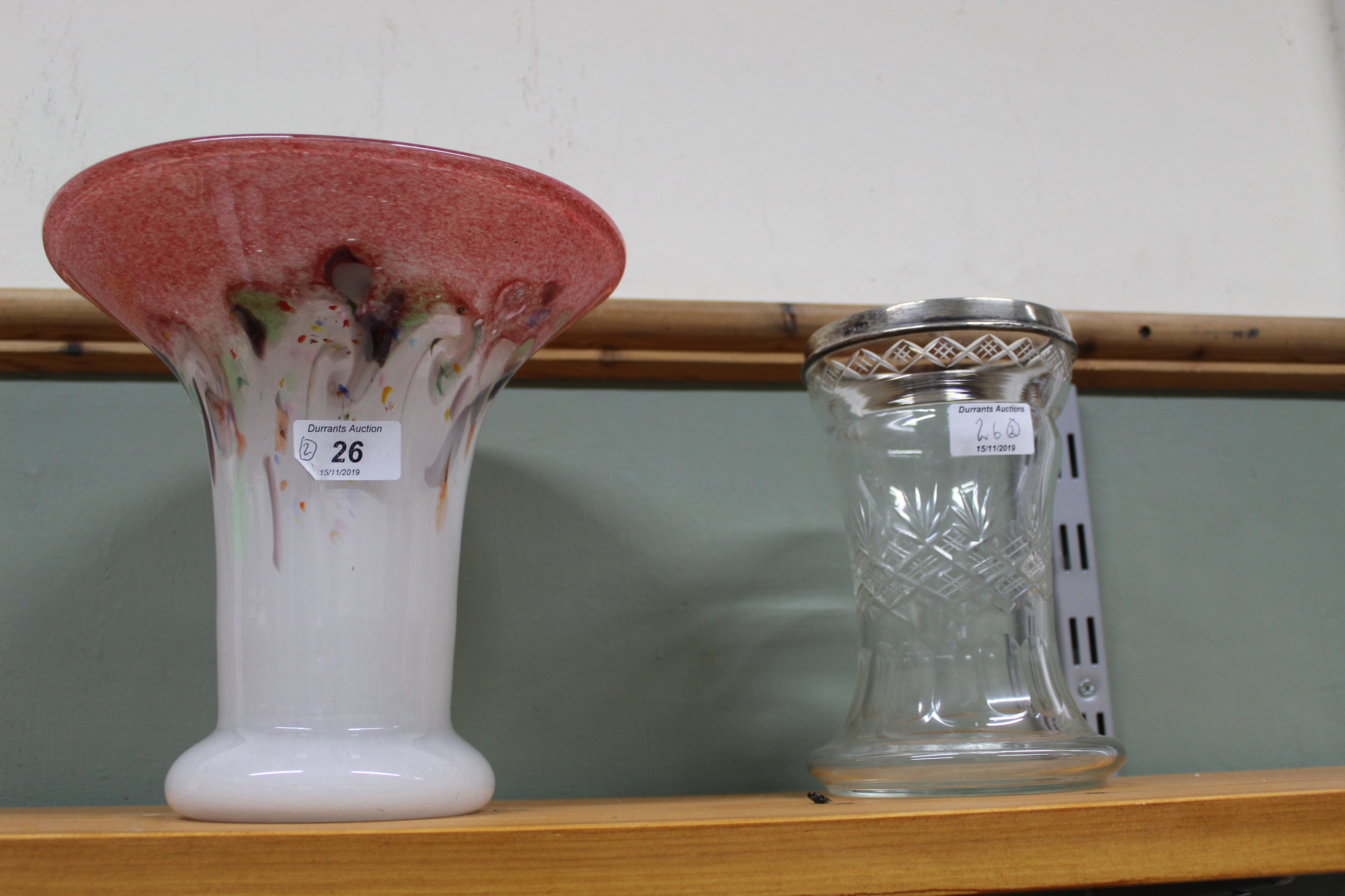 A Vassart Glass pink and white Art Glass vase plus a cut glass vase with silver rim