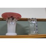A Vassart Glass pink and white Art Glass vase plus a cut glass vase with silver rim