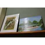 A E Clough unframed broadland scene oil on board plus Nancy Sheppard Docherty watercolour of a