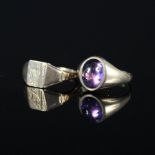 A gent's 9ct gold signet ring with cabochon amethyst and a 9ct gold signet ring with engraved