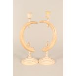A pair of 19th Century boars tusk candlesticks plus an Anglo Indian dome top casket