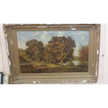 R Mallett oil on canvas of a woodland scene with figures,