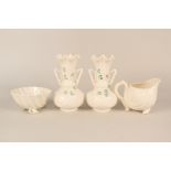 A pair of Belleek shamrock vases plus a seashell jug and bowl