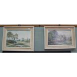 R Haynes pair of watercolours of country cottage scenes with figures, hens and ducks,