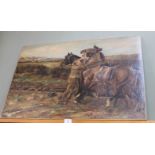 James Clark unframed oil laid on canvas of a hunting scene with man and two horses to foreground,
