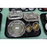 A small pair of silver plated entree dishes plus other silver plate