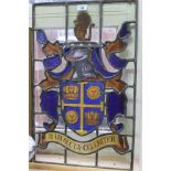 Stained glass armorial panel inscribed In Via Recta Celeritta (in the right way quickly) Kingswood